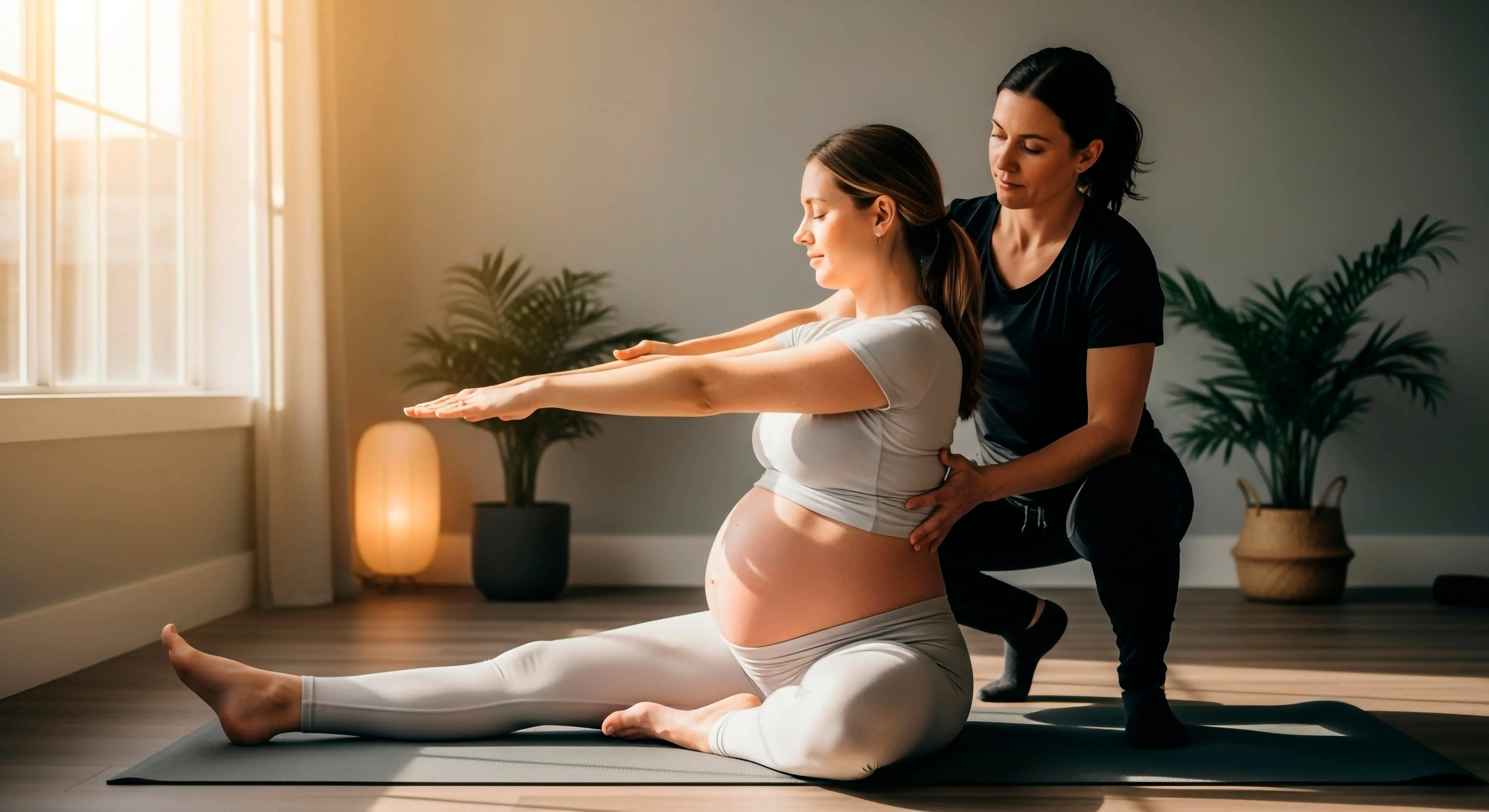 Trainer supporting a prenatal client with safe, trimester-aware yoga at home.