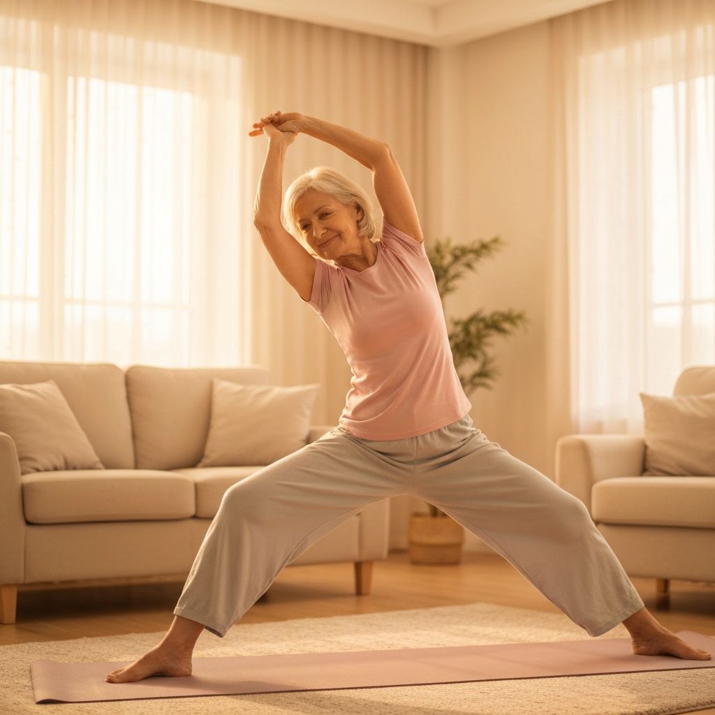 Private in-home gentle yoga session with a senior client in a bright living room